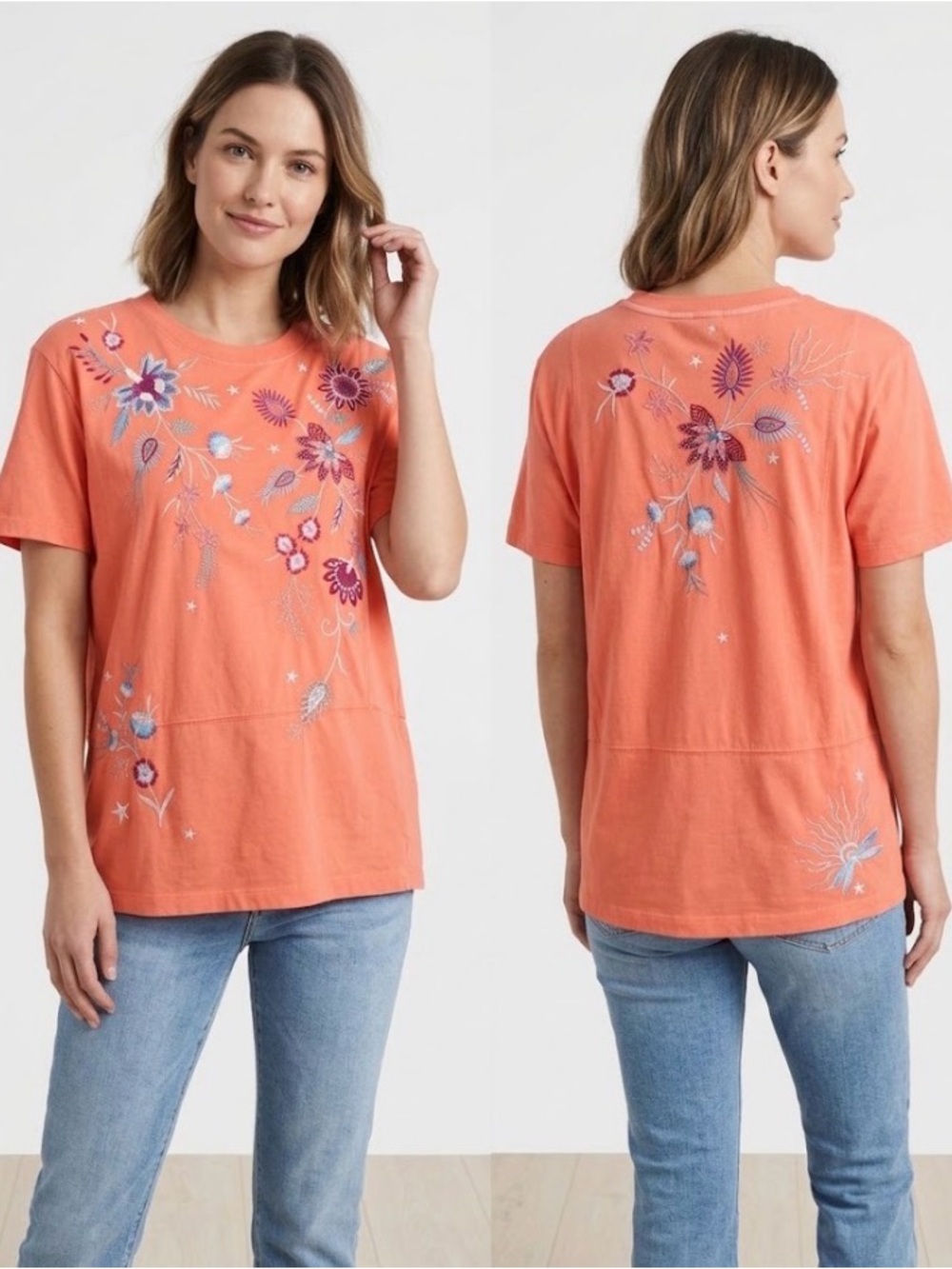 Johnny Was orange T Shirt with Multi-Colored Floral & Star Embroidery size Med